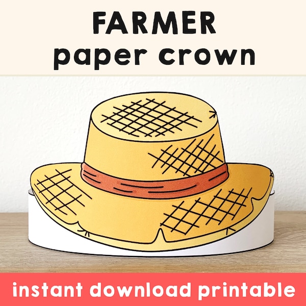 Farmer straw hat gardener Paper Crown Party Printable Kids Craft Community Costume Birthday Printable Favor DIY Template - Instant Download