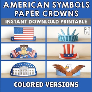 Simboli americani Corone di carta Bandiera 4 luglio Patriottico Stampabile Fai da te Festa Bambini Fascia Cappello di carta Artigianato Libertà Scarica Costume