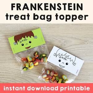 May include: Printable Frankenstein treat bag toppers. Two toppers are shown, one with a green monster face and the other with a black and white outline of a monster face. The text "FRANKENSTEIN treat bag topper" is at the top of the image. The text "instant download printable" is at the bottom of the image.