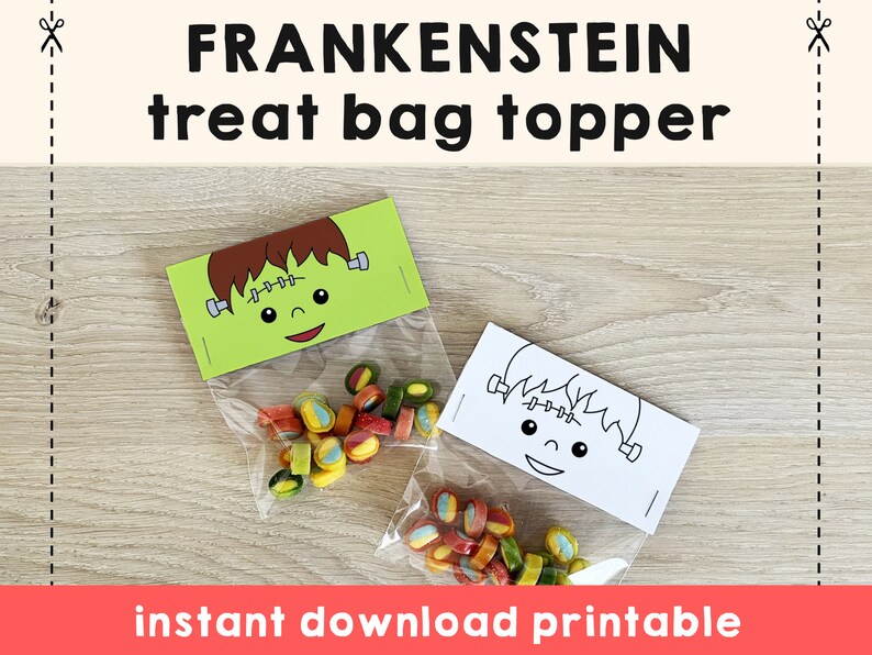 May include: Printable Frankenstein treat bag toppers. Two toppers are shown, one with a green monster face and the other with a black and white outline of a monster face. The text "FRANKENSTEIN treat bag topper" is at the top of the image. The text "instant download printable" is at the bottom of the image.