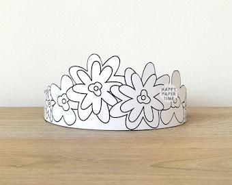 Flower Paper Crown Party Coloring Printable Kids Craft Spring Fairy Costume Birthday Printable Favor Costume DIY - Instant Download