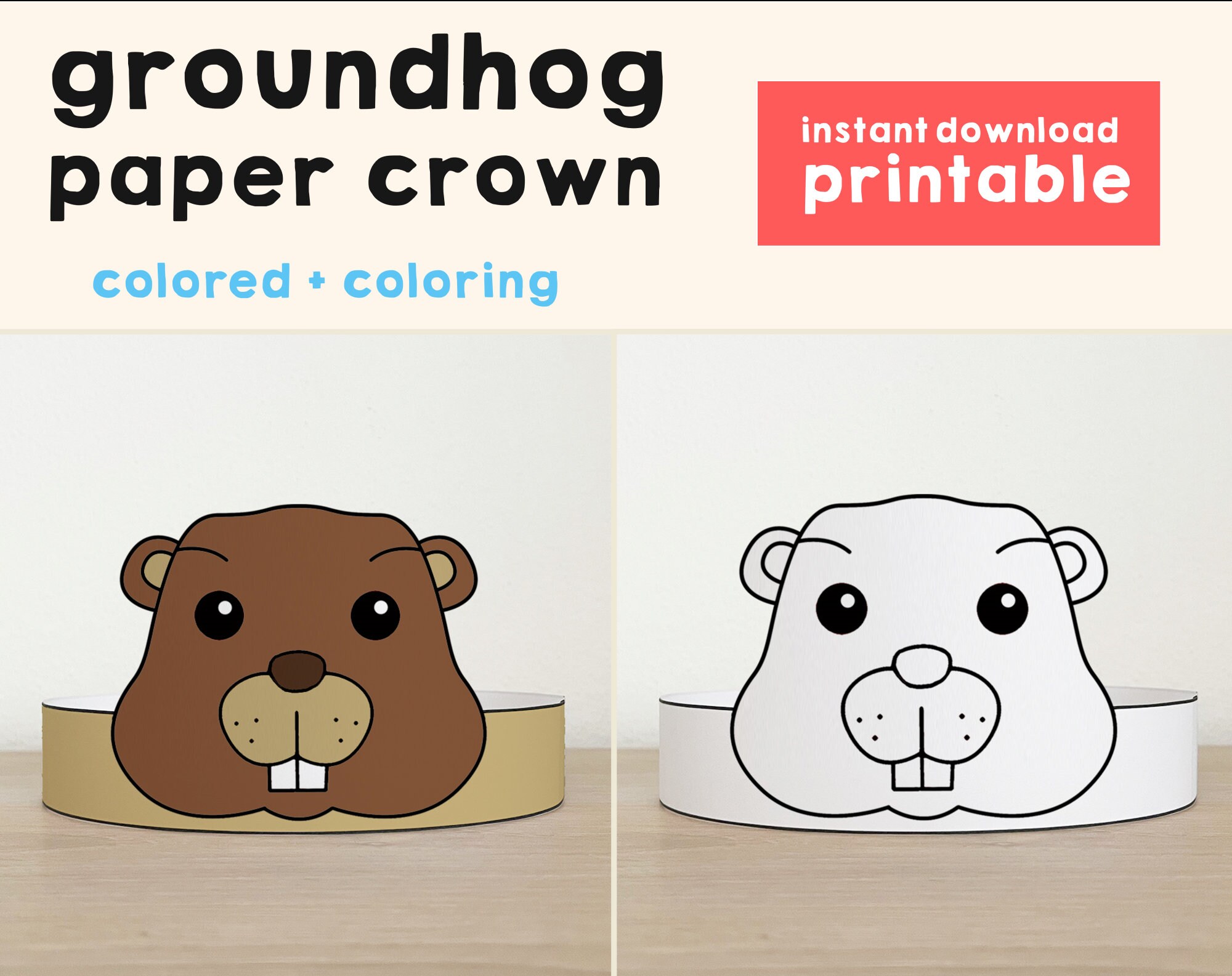 Groundhog Day Paper Crowns Party Coloring Printable Kids Craft Spring Costume Printable Favor DIY Instant Download