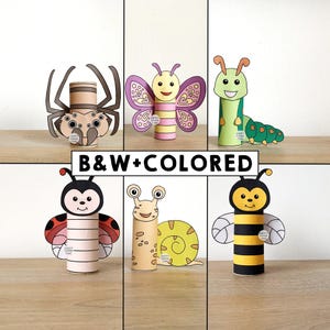 Bugs and insects animals Toilet Paper Roll Craft Spring Party Coloring Printable Decoration Kids Play Cut out Glue DIY - Instant Download