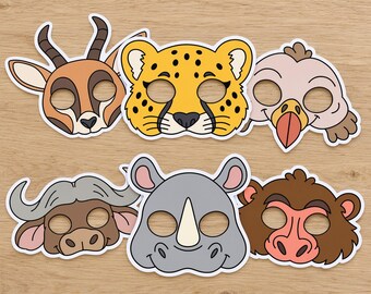 Set mit ausdruckbaren afrikanischen Tiermasken (PDF), 6 vorkolorierte Safari-Kostüme, Bastelset aus Papier, Kinder- und Erwachsenengrößen, Sofort-Download
