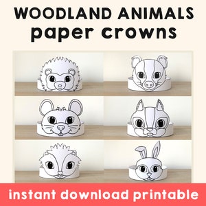 Waldtiere Papierkronen Igel Maus Eichhörnchen Kaninchen Stinktier druckbare Kinder Handwerk Geburtstag Mitbringsel Kostüm DIY druckbare Download