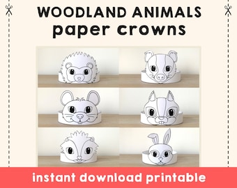 Woodland animals Paper Crowns Hedgehog Mouse Squirrel Rabbit Skunk Printable Kids Craft Birthday Party Favor Costume DIY Printable Download