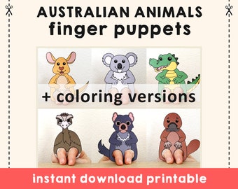 Australian animal paper craft printable Finger Puppet Template Kids Craft Jungle Birthday Party Kids Coloring Puppet Printable - Download
