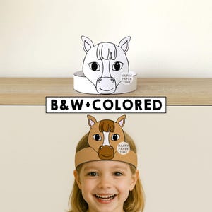 Pony Paper Crown Horse Template Coloring Activity Printable Kids Craft Farm animal Birthday Party Favor Costume DIY Instant Download