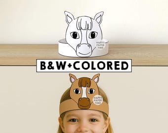 Modello di corona di carta per pony, modello di cavallo, attività da colorare, stampabile, lavoretto per bambini, animale da fattoria, bomboniera per feste di compleanno, costume fai da te, download immediato