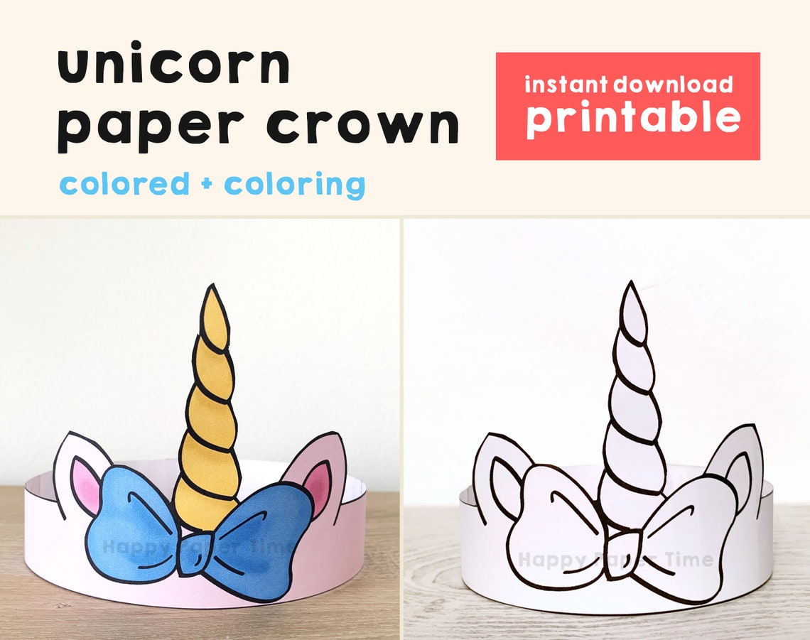 unicorn paper crown party coloring printable kids craft etsy
