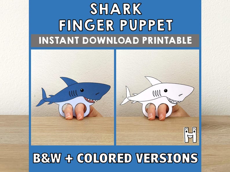 May include: Printable shark finger puppet craft. The image shows a blue shark and a white shark finger puppet. The text "Shark Finger Puppet" and "Instant Download Printable" is at the top of the image. The text "B&W + Colored Versions" is at the bottom of the image.