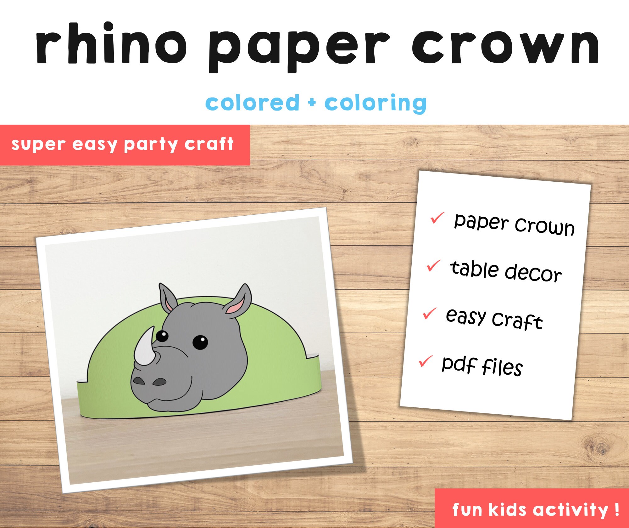 Rhino Paper Crown Party Coloring Printable Kids Craft Safari African ...