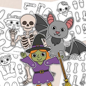 Peut inclure: Un ensemble de découpages en papier représentant une sorcière à la peau verte en robe violette, une chauve-souris grise et un squelette. Le kit comprend divers modèles en noir et blanc pour des personnages comme un chat, un zombie et Frankenstein.