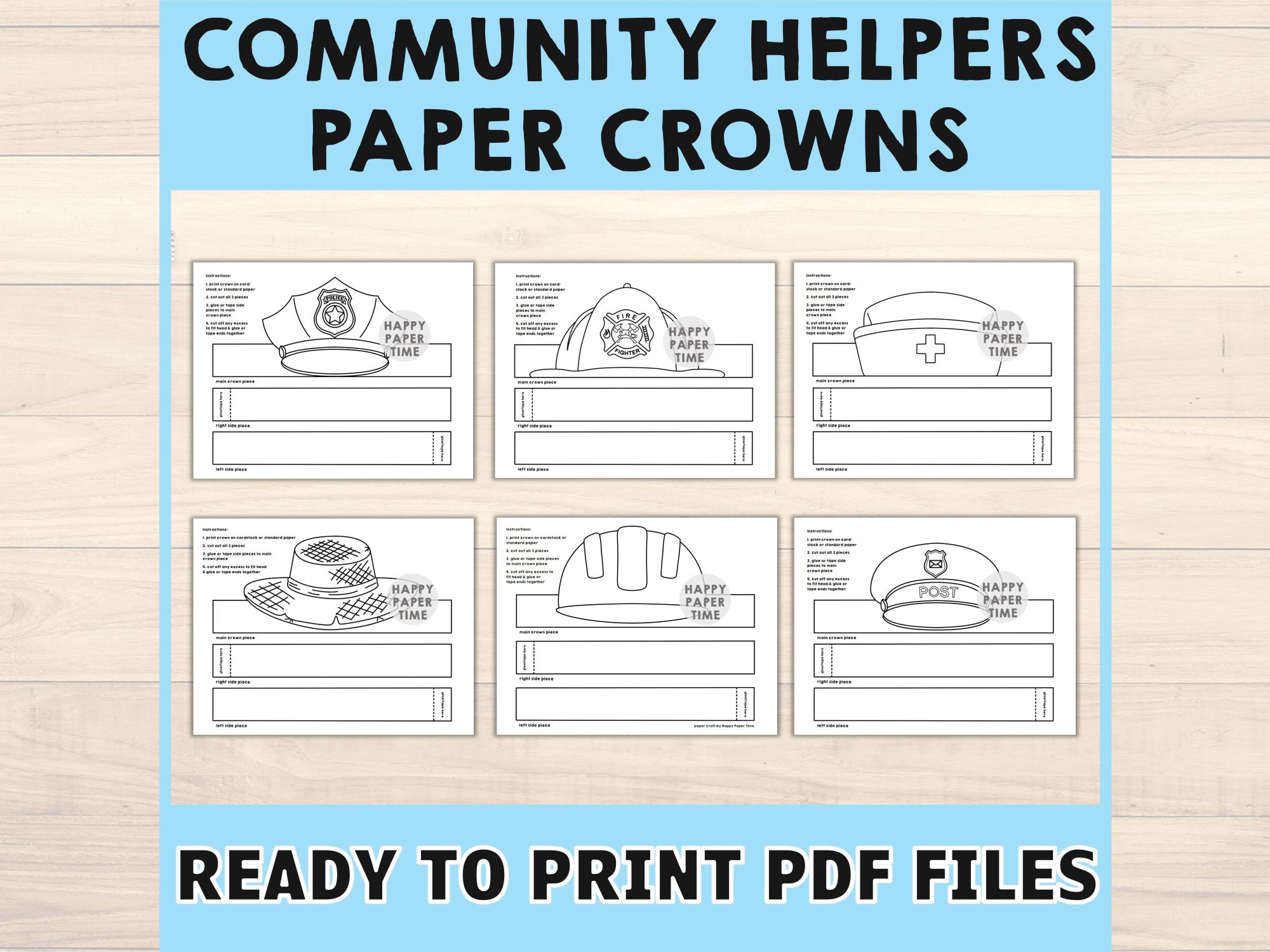 Community Helpers Papieren Kroon Hoofdband Politie Bouwer Boer  Verpleegkundige Postbode Kleurplaat Brandweerman Afdrukbaar Kids Craft  Verjaardagsfeestje Kostuum - Etsy België, image size:2000x1500