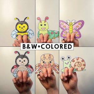 May include: A collection of six paper finger puppets featuring insect and animal designs, including a bee, caterpillar, butterfly, ladybug, spider, and snail. The puppets are presented in both colored and black and white versions with text B&W+COLORED.