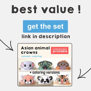 May include: Printable Asian animal crowns, featuring a panda, tiger, red panda, elephant, snake, and orangutan. The crowns are available in both colored and coloring versions. Instant download.