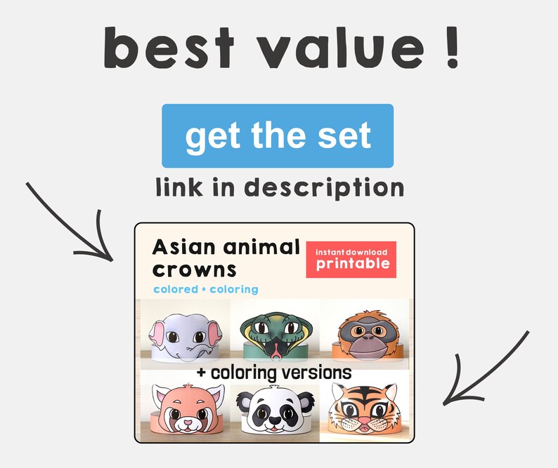 May include: Printable Asian animal crowns, featuring a panda, tiger, red panda, elephant, snake, and orangutan. The crowns are available in both colored and coloring versions. Instant download.