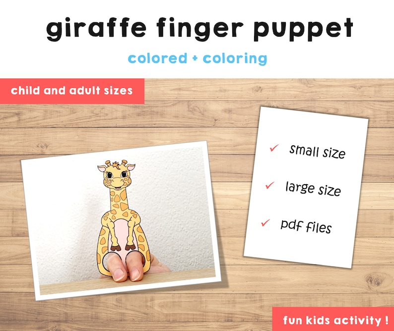 Puede incluir: Un modelo imprimible de marioneta de dedo de jirafa para ni&ntilde;os. La marioneta est&aacute; coloreada de amarillo y naranja con manchas negras. La manualidad viene en dos tama&ntilde;os: peque&ntilde;o y grande. El listado incluye archivos PDF para imprimir.