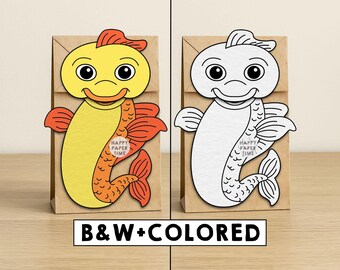 Goldfish Paper Bag Puppet Printable Pet Fish Animal Craft Activity Cut Paste Coloring Party Favor Instant Download