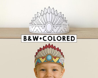 Native American Paper craft Headdress Crown Party Coloring Printable Kids Indian Birthday Decor Printable Favor pdf Costume Instant Download