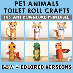 Animali domestici Rotolo di carta igienica Artigianato per animali domestici Festa da colorare Stampabile Decorazione Gioco per bambini Ritaglia Colla fai da te Gatto Cane Criceto - Download immediato