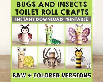 Insectes et insectes animaux rouleau de papier toilette artisanat fête du printemps coloriage imprimable décoration enfants jouer découper colle bricolage - téléchargement immédiat