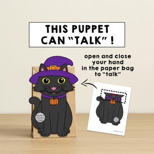 Puede incluir: Una marioneta de gato negro con un sombrero de bruja morado y un collar de calabaza naranja est&aacute; unida a una bolsa de papel marr&oacute;n. El texto "THIS PUPPET CAN 'TALK'!" est&aacute; encima de la marioneta. Se incluyen instrucciones.