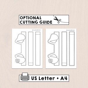 May include: A printable craft template featuring two sets of paper glasses outlines on white sheets. The top box reads OPTIONAL CUTTING GUIDE with a scissor icon. The bottom box reads US Letter + A4 with a printer icon. Each sheet includes Happy Paper Time text.