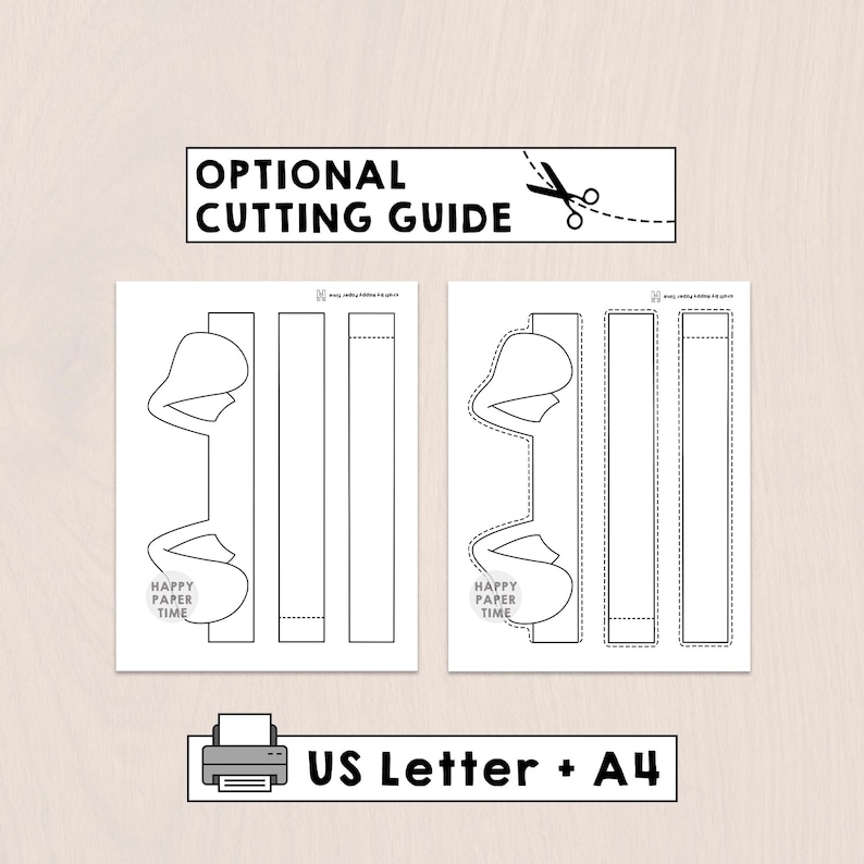 May include: A printable craft template featuring two sets of paper glasses outlines on white sheets. The top box reads OPTIONAL CUTTING GUIDE with a scissor icon. The bottom box reads US Letter + A4 with a printer icon. Each sheet includes Happy Paper Time text.