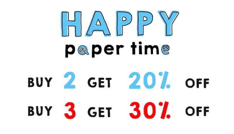Op de afbeelding: Een blauwe en zwarte afbeelding met de tekst "HAPPY paper time" en een kortingsaanbieding: koop 2, krijg 20% korting, koop 3, krijg 30% korting.