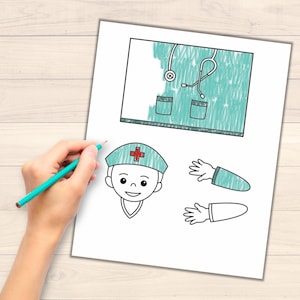 K&ouml;nnte beinhalten: Eine druckbare Papierbastel-Aktivit&auml;t f&uuml;r Kinder mit einem Arzt mit einem roten Kreuz auf dem Hut, einem Stethoskop und einem gr&uuml;nen Kittel. Der Arzt besteht aus separaten Teilen zum Ausschneiden und Zusammenbauen.