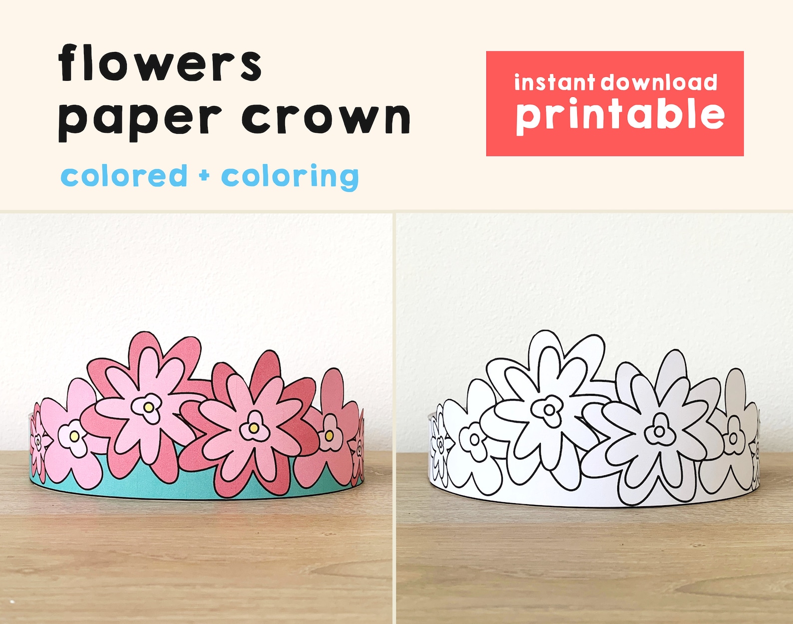 Flower Paper Crown Party Coloring Printable Kids Craft Spring Etsy