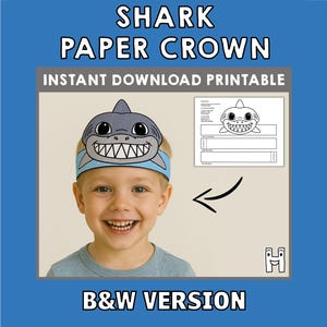 Shark Paper Crown Party Costume Printable party hat Kids Craft Ocean animal Birthday Decor template Favor pdf Costume DIY, Instant Download