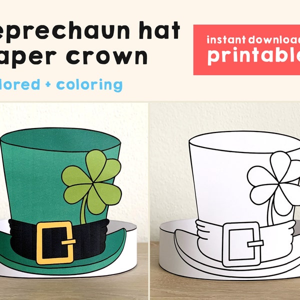 Leprechaun Hat Paper Crown Headband St Patrick's Day Party Coloring Printable Kids Craft Costume Printable Favor DIY - Instant Download