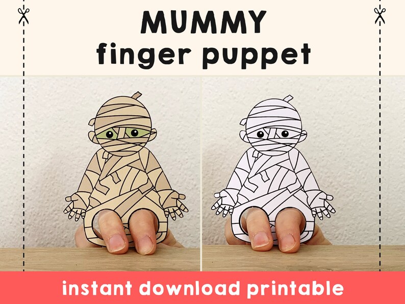 Puede incluir: Modelo de marioneta de dedo de momia para imprimir. La imagen muestra dos marionetas de dedo de momia, una coloreada y otra en blanco y negro. El texto "MUMMY finger puppet" est&aacute; en la parte superior de la imagen. El texto "instant download printable" est&aacute; en la parte inferior de la imagen.