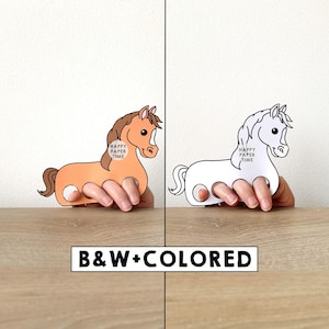 Manualidad de papel de caballo imprimible, poni, animal de granja, títere de dedo, juego de simulación, manualidad para niños, fiesta de cumpleaños, títere para colorear para niños - Descarga instantánea