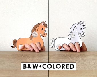 Manualidad de papel de caballo imprimible, poni, animal de granja, títere de dedo, juego de simulación, manualidad para niños, fiesta de cumpleaños, títere para colorear para niños - Descarga instantánea