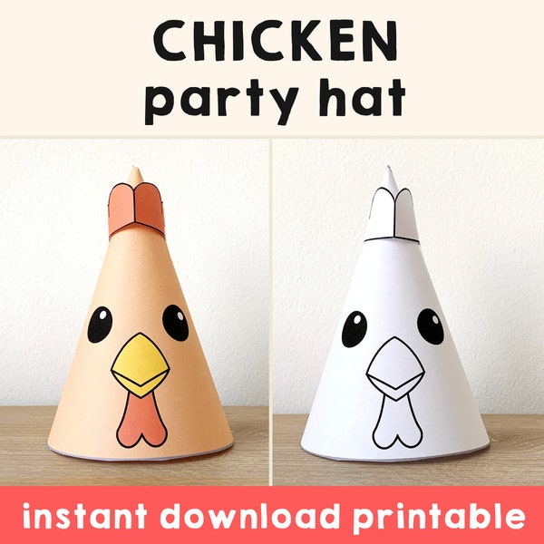 Chicken party hat paper printable Template Print out Farm animal table decor Birthday Party Favor Craft Coloring Activity Instant Download