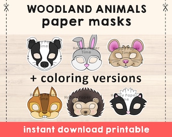 Woodland Animal Masks Template pdf Crafting Kid Party Favor Printable, Woodland Print Kids Activity, Party Printable, Instant Download