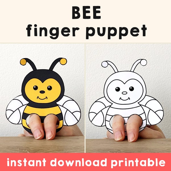 Bee paper craft printable Finger Puppet template Kids Craft activity Animal Birthday Party Coloring paper print out - Instant Download