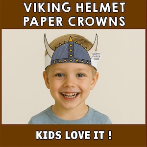 May include: A child wearing a paper crown shaped like a Viking helmet. The crown is blue and gray with yellow accents. The text "Happy Paper Time" is printed on the crown. The child is smiling and looking at the camera. The text "Kids Love It!" is printed below the image.