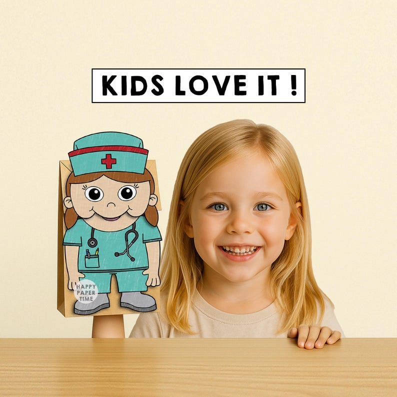 K&ouml;nnte beinhalten: Ein l&auml;chelndes junges M&auml;dchen steht neben einem Papierschnitt einer Cartoon-Krankenschwester. Die Krankenschwester tr&auml;gt eine t&uuml;rkisfarbene Uniform mit einem roten Kreuz auf dem Hut. Der Text "KIDS LOVE IT!" steht &uuml;ber dem Kopf des M&auml;dchens.