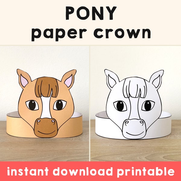 Pony Paper Crown Horse Template Coloring Activity Printable Kids Craft Farm animal Birthday Party Favor Costume DIY Instant Download