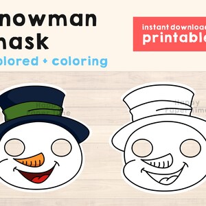 K&ouml;nnte beinhalten: Druckbare Schneemann-Maske mit schwarzem Hut, gr&uuml;nem Band und orangefarbener Nase. Die Maske ist sowohl in Farbe als auch zum Ausmalen erh&auml;ltlich.