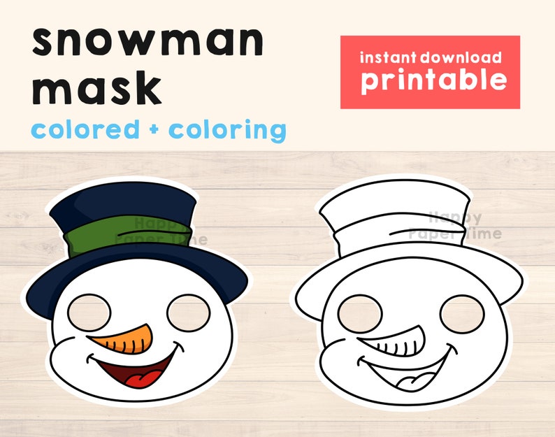 K&ouml;nnte beinhalten: Druckbare Schneemann-Maske mit schwarzem Hut, gr&uuml;nem Band und orangefarbener Nase. Die Maske ist sowohl in Farbe als auch zum Ausmalen erh&auml;ltlich.