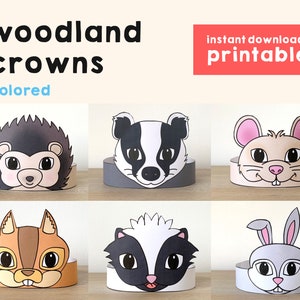 Animali del bosco Corone di carta Riccio Mouse Scoiattolo Coniglio Puzzola stampabile Bambini Craft Compleanno Festa Favore Costume Fai da te Scaricabile stampabile