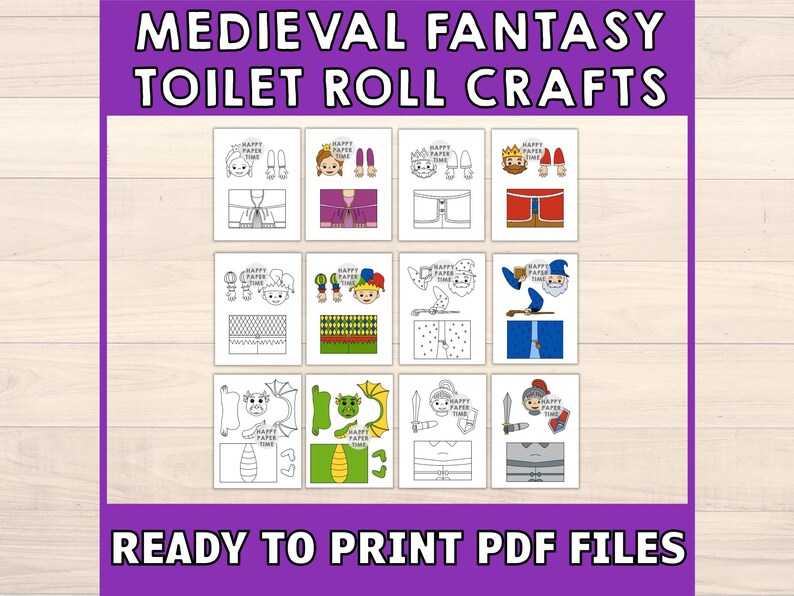 Pode incluir: Artesanatos imprim&iacute;veis de personagens de fantasia medieval para crian&ccedil;as. O conjunto inclui um rei, uma rainha, um cavaleiro, um drag&atilde;o, um mago e um buf&atilde;o. Cada personagem &eacute; composto por 3-4 pe&ccedil;as que podem ser cortadas e montadas. Os arquivos PDF imprim&iacute;veis est&atilde;o prontos para imprimir.