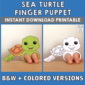 Tartaruga marinha de papel para imprimir oceano mar praia animal fantoche de dedo artesanato infantil festa de aniversário fantoche de colorir infantil - download instantâneo