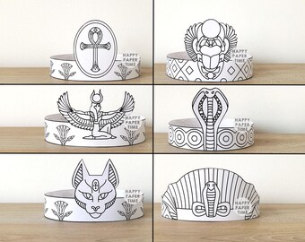 Ancient Egypt Paper Crowns Pharaoh Cobra Cleopatra Isis Scarab Cat Ankh Printable Kids Craft Birthday Party Favor Costume DIY Download