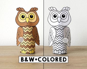 Owl Toilet Paper Roll Craft Activity Forest Woodland Party Coloring Printable Decoration Kids Wild Play Cut out Glue DIY - Instant Download